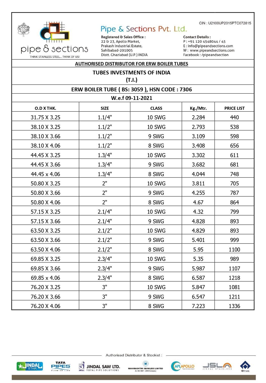 M.S ERW BOILER TUBES PRICE LIST - Pipe and Sections