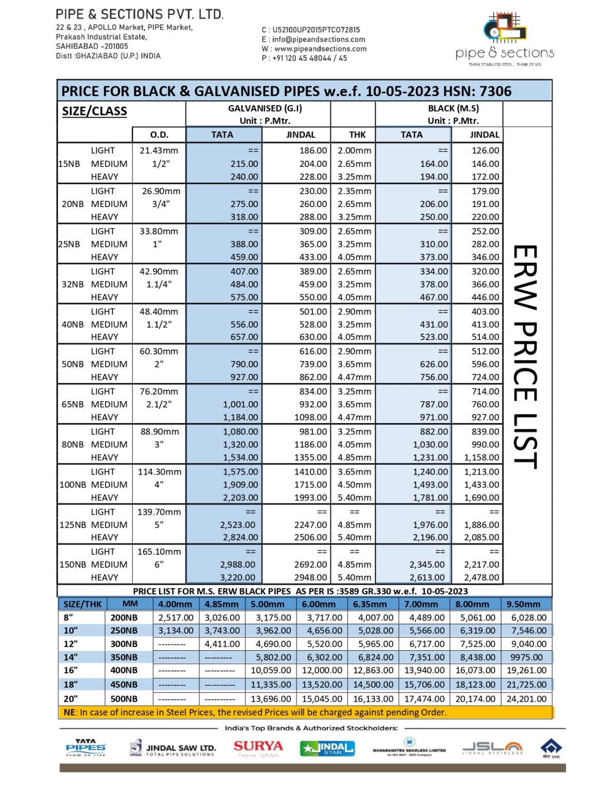 MS & GI ERW PIPE PRICE LIST - Pipe and Sections